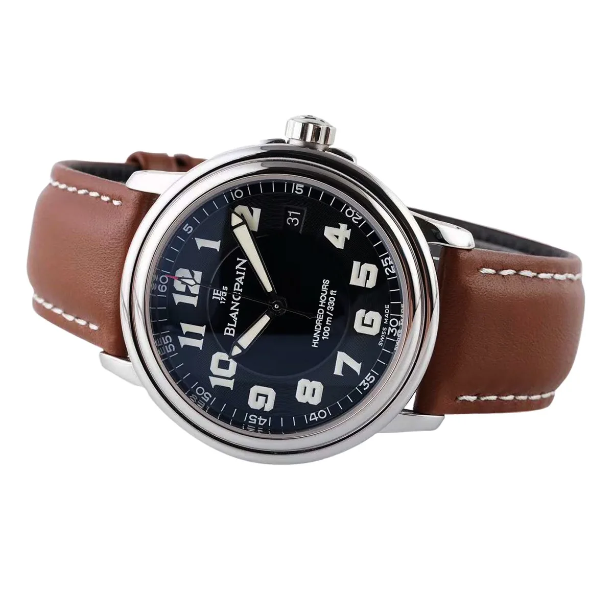 Hundred Hours Black Dial in Steel on Brown Leather Strap - Image 2