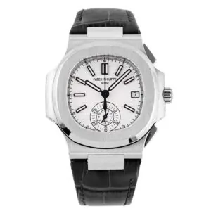 Nautilus 5980/1A-019 cadran blanc en acier sur bracelet en cuir
