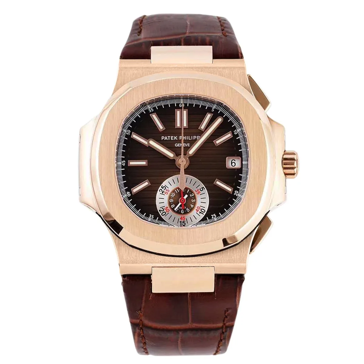 Nautilus Chronograph 5980/R-001 in Rose Gold on Brown Leather Strap