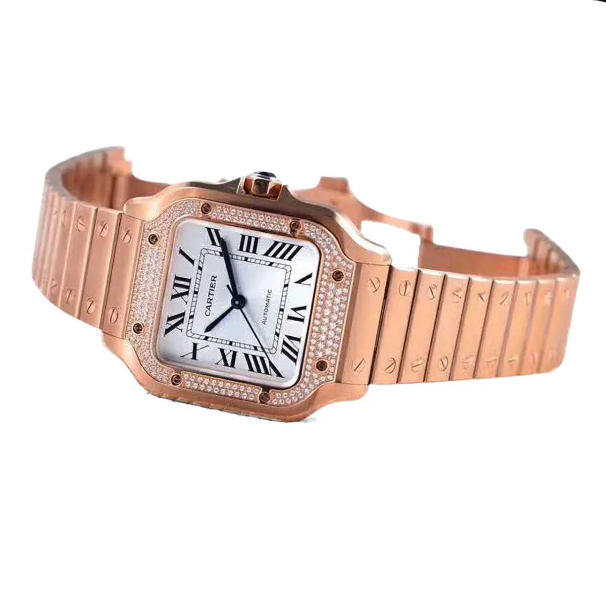 Santos de Cartier quadrante bianco con lunetta con diamanti in oro rosa - immagine 2