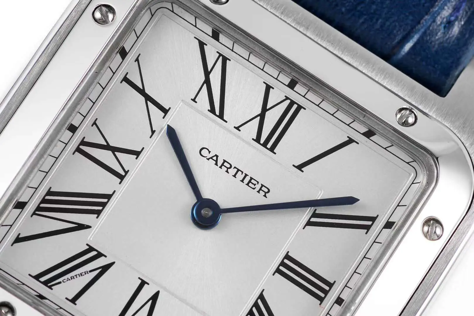 Santos-Dumont cadran blanc en acier sur bracelet en cuir bleu – Image 5