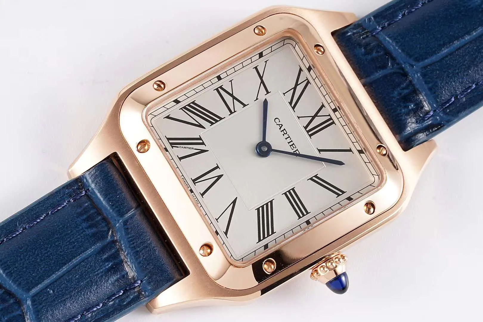 Santos-Dumont weißes Zifferblatt in Roségold am blauen Lederarmband – Bild 2