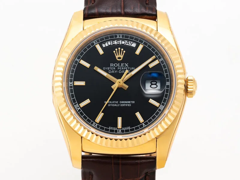 Day-Date 40 Black Dial in Yellow Gold on Leather Strap - Image 8