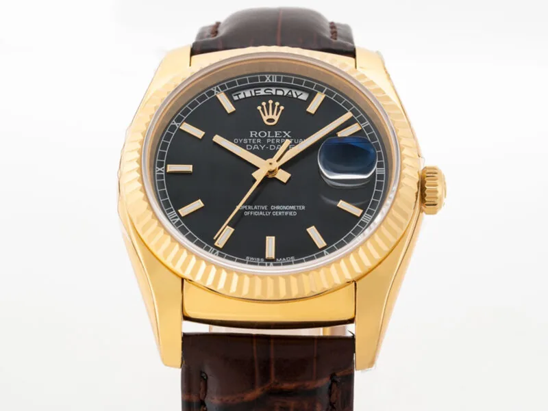 Day-Date 40 Black Dial in Yellow Gold on Leather Strap - Image 7
