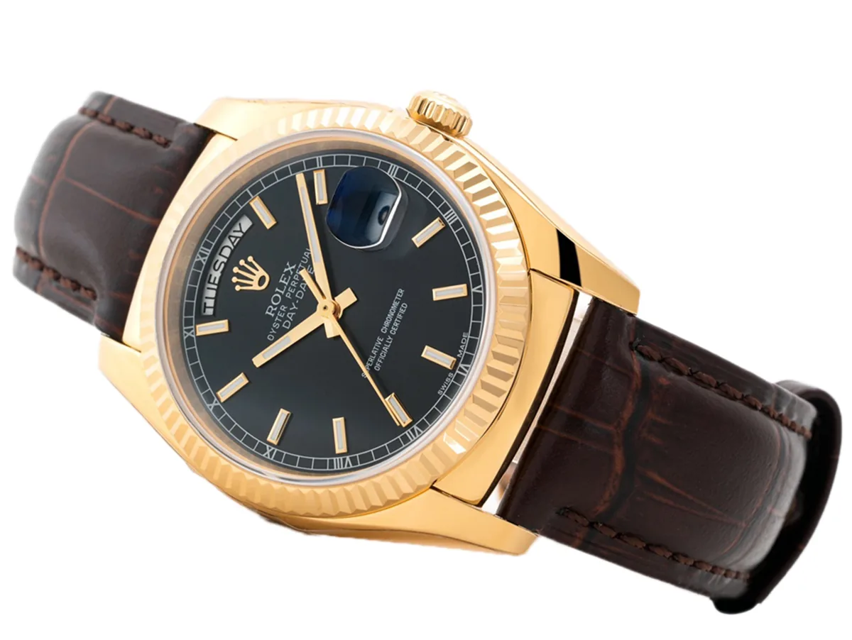 Day-Date 40 Black Dial in Yellow Gold on Leather Strap - Image 3