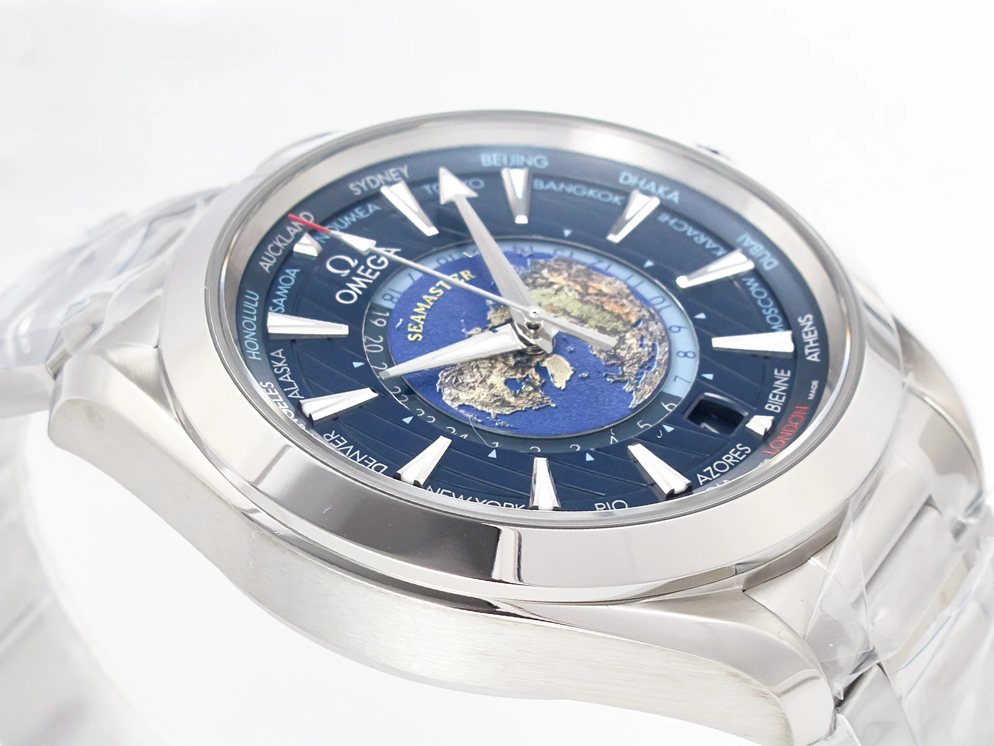 Aqua Terra 150M 43mm Worldtimer 24 VSF 1:1 Best Edition Blue Dial on SS Bracelet A8938 Super Clone