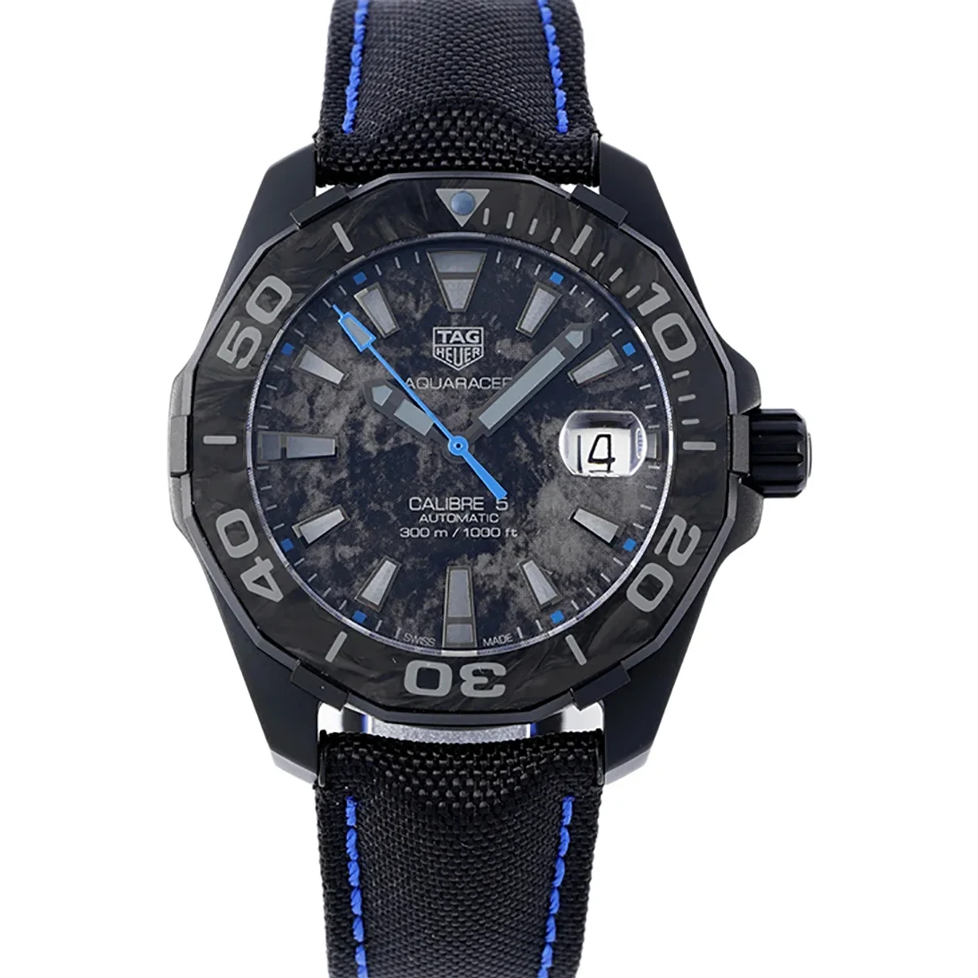 Aquaracer Calibre 5 Carbon Dial with Blue Tachymeter