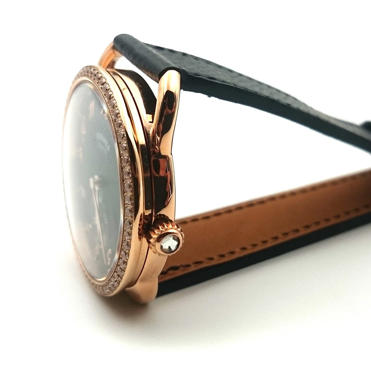 Arceau Petite Rose Gold with Diamond Bezel Black Dial on Black Fjord Leather Strap