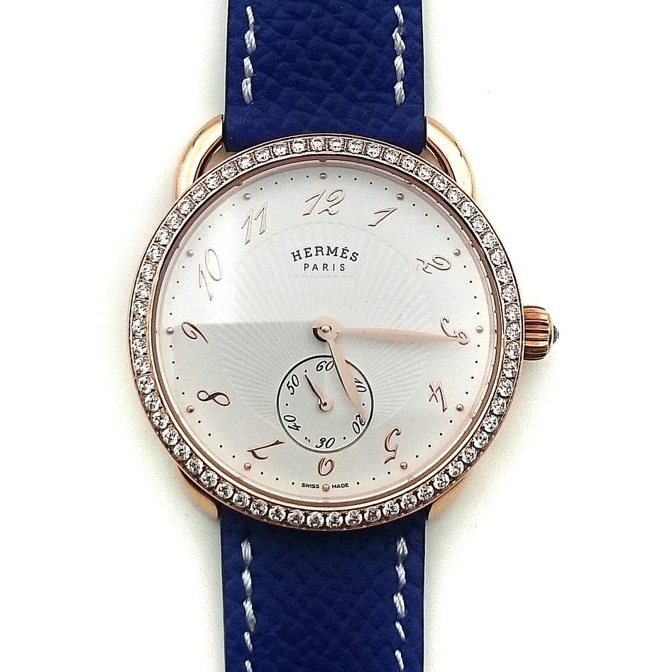 Arceau Petite Rose Gold with Diamond Bezel on Blue Epsom Leather Strap