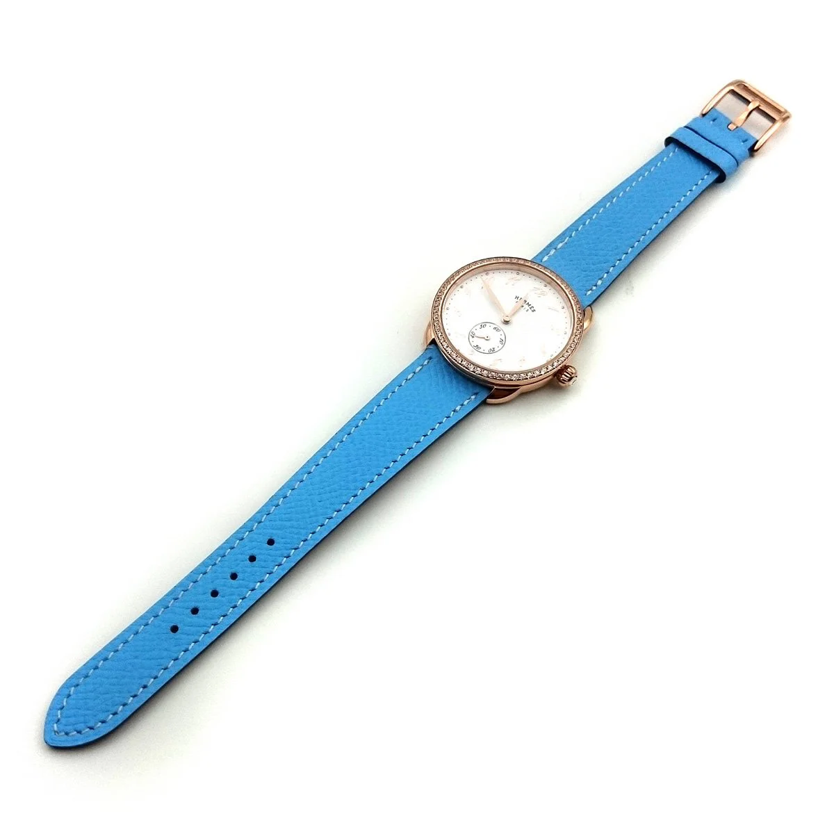 Arceau Petite Rose Gold with Diamond Bezel on Light Blue Epsom Leather Strap