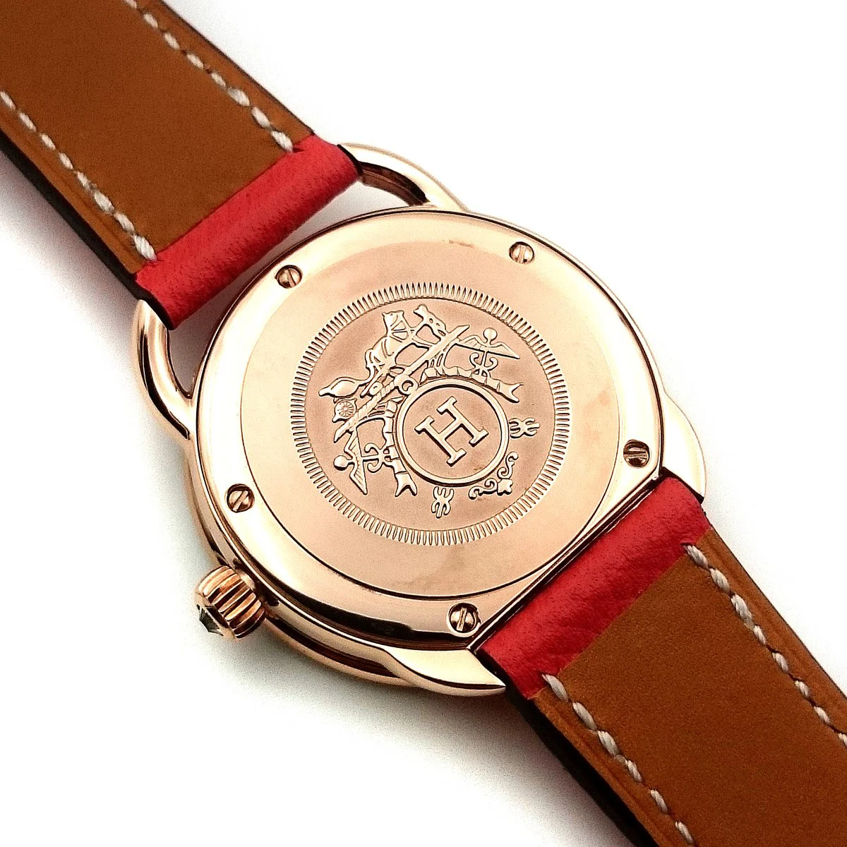 Arceau Petite Rose Gold with Diamond Bezel on Vermilion Epsom Leather Strap