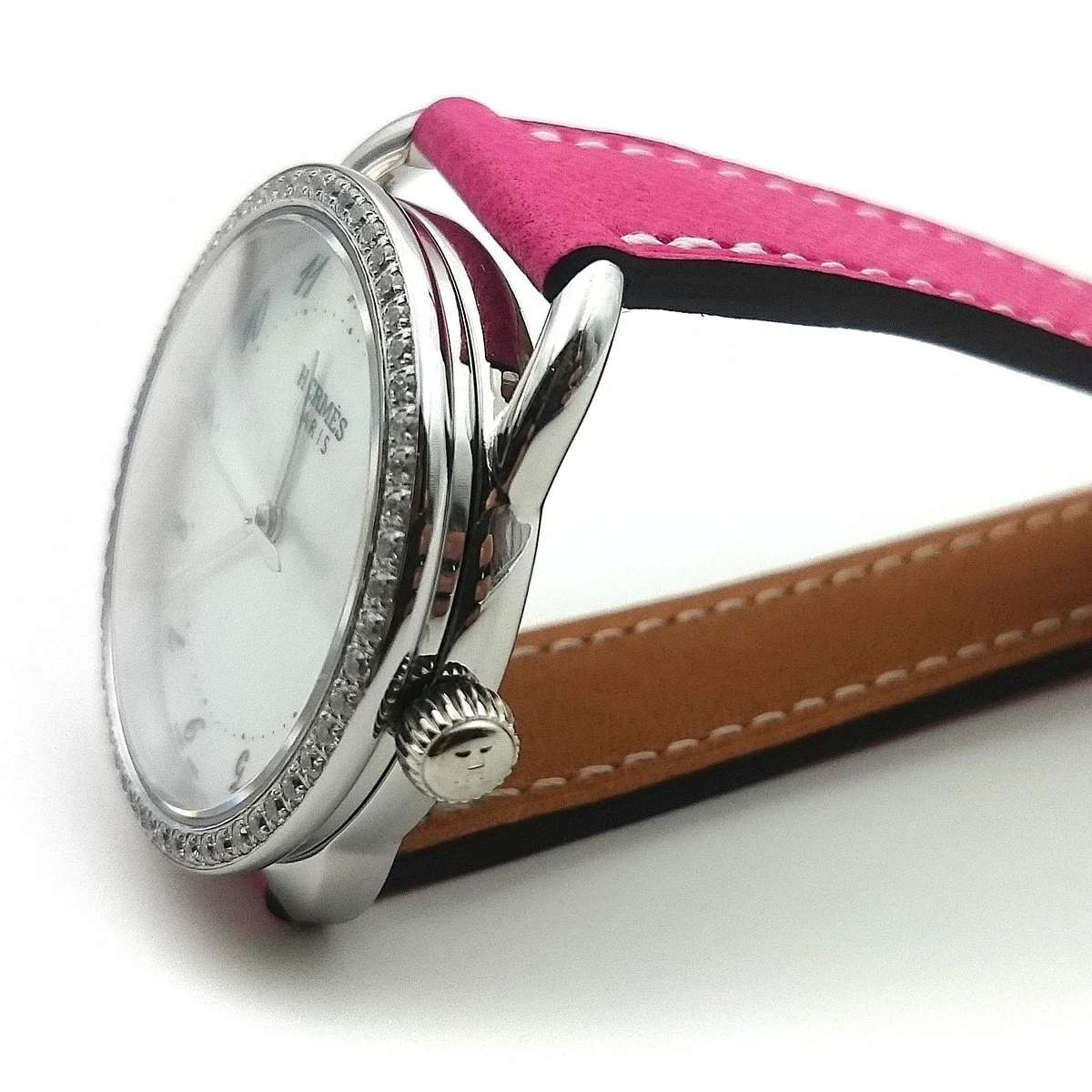 Arceau Steel with Diamond Bezel on Pink Epsom Leather Strap