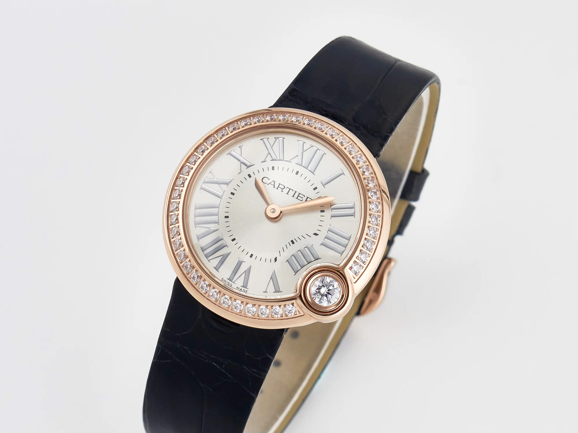 Ballon Blanc De Cartier 30mm RG DRF 1:1 Best Edition Silvered Texture Dial Diamonds Bezel on Black Leather Strap Ronda Quartz