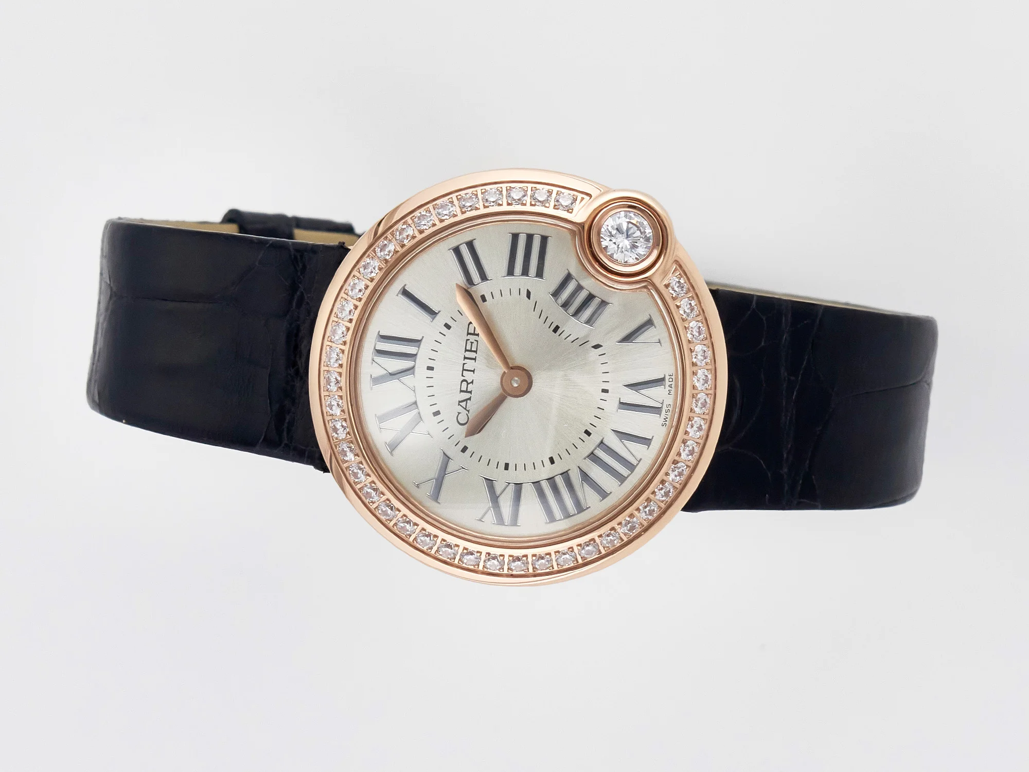 Ballon Blanc De Cartier 30mm RG DRF 1:1 Best Edition Silvered Texture Dial Diamonds Bezel on Black Leather Strap Ronda Quartz