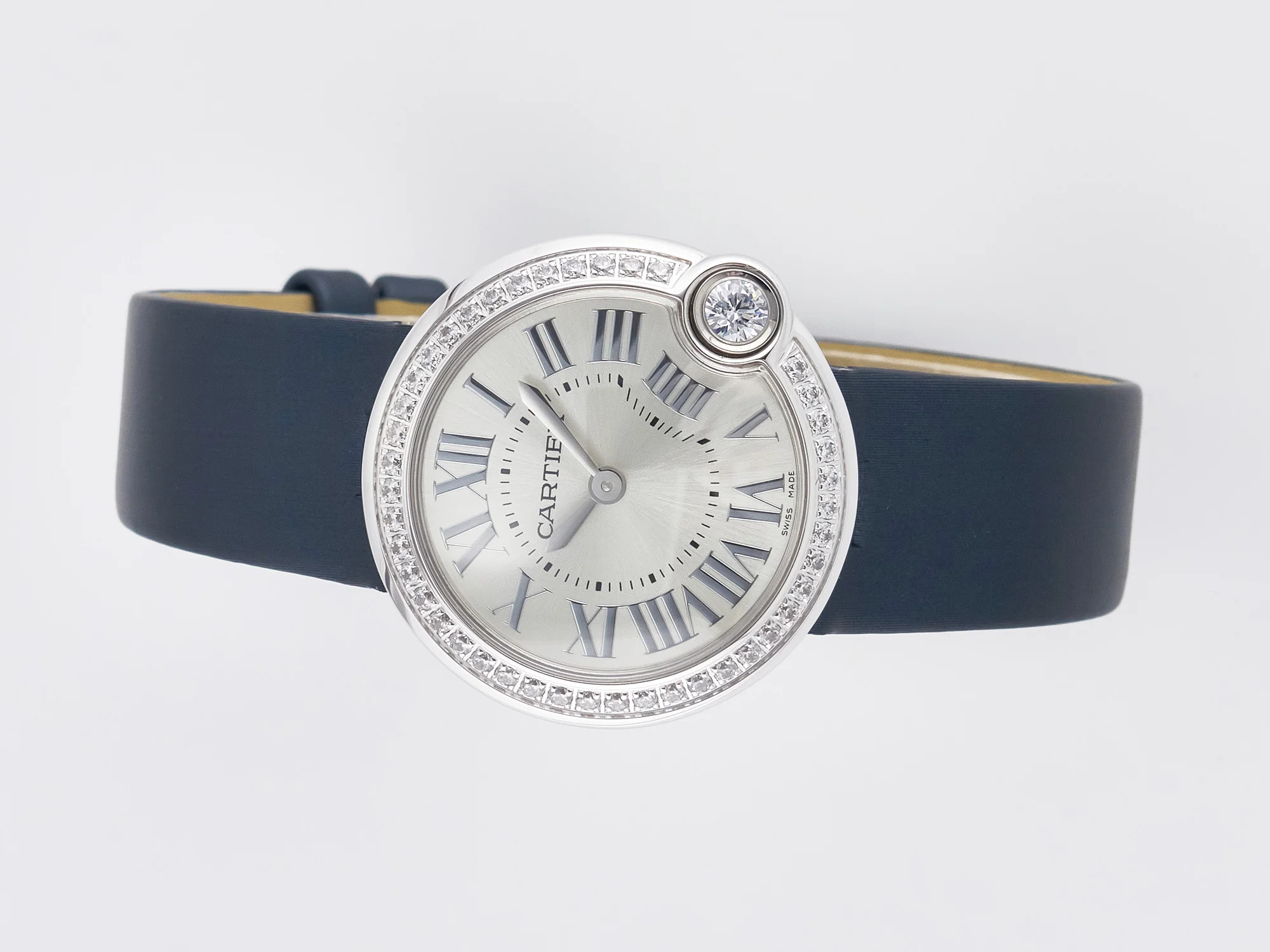 Ballon Blanc De Cartier 30mm SS DRF 1:1 Best Edition Silvered Texture Dial Diamonds Bezel on Blue Calfskin Strap Ronda Quartz