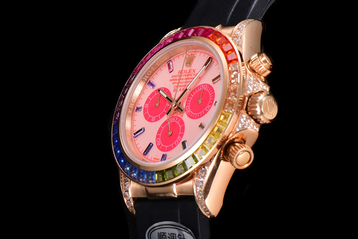 Blaken Daytona Pink Dial with Rainbow Diamond Bezel in Rose Gold on Rubber Strap