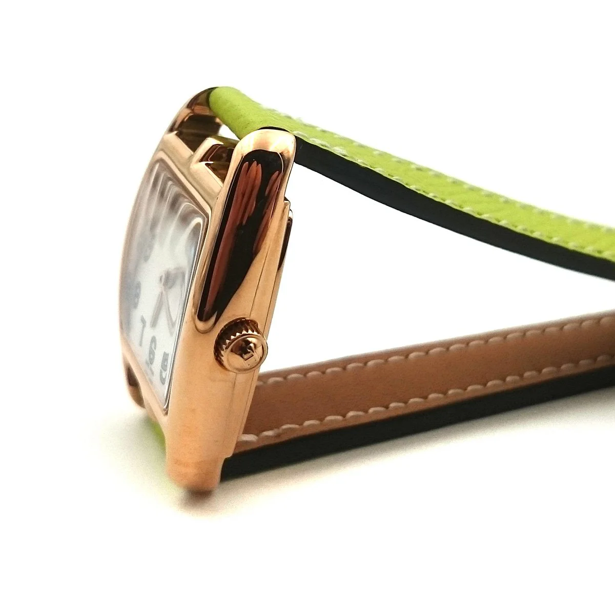 Cape Cod Tonneau Rose Gold on Green Epsom Leather Strap