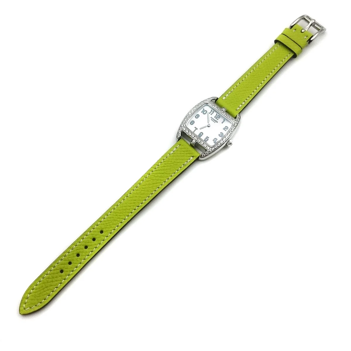 Cape Cod Tonneau Steel with Diamond Bezel on Green Epsom Leather Strap