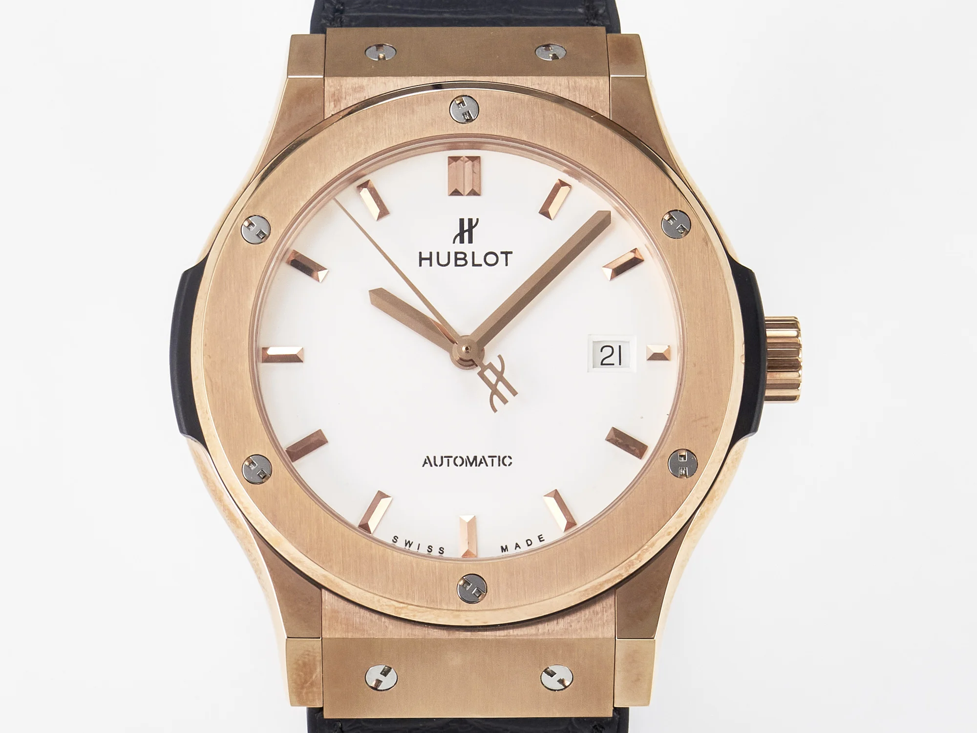 Classic Fusion 42mm RG JJF 1:1 Best Edition White Dial on Black Gummy Leather Strap