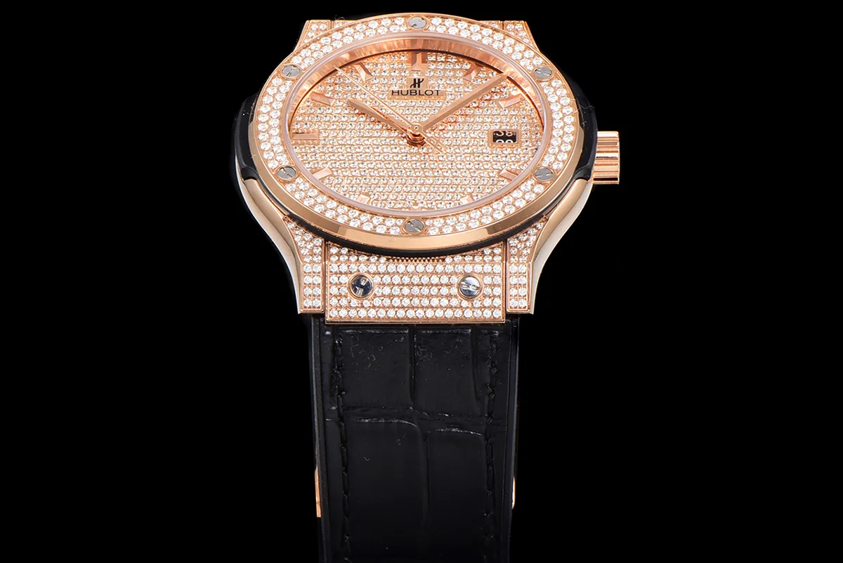 Classic Fusion Automatic 42mm Diamond Paved Dial in Rose Gold on Black Leather Strap