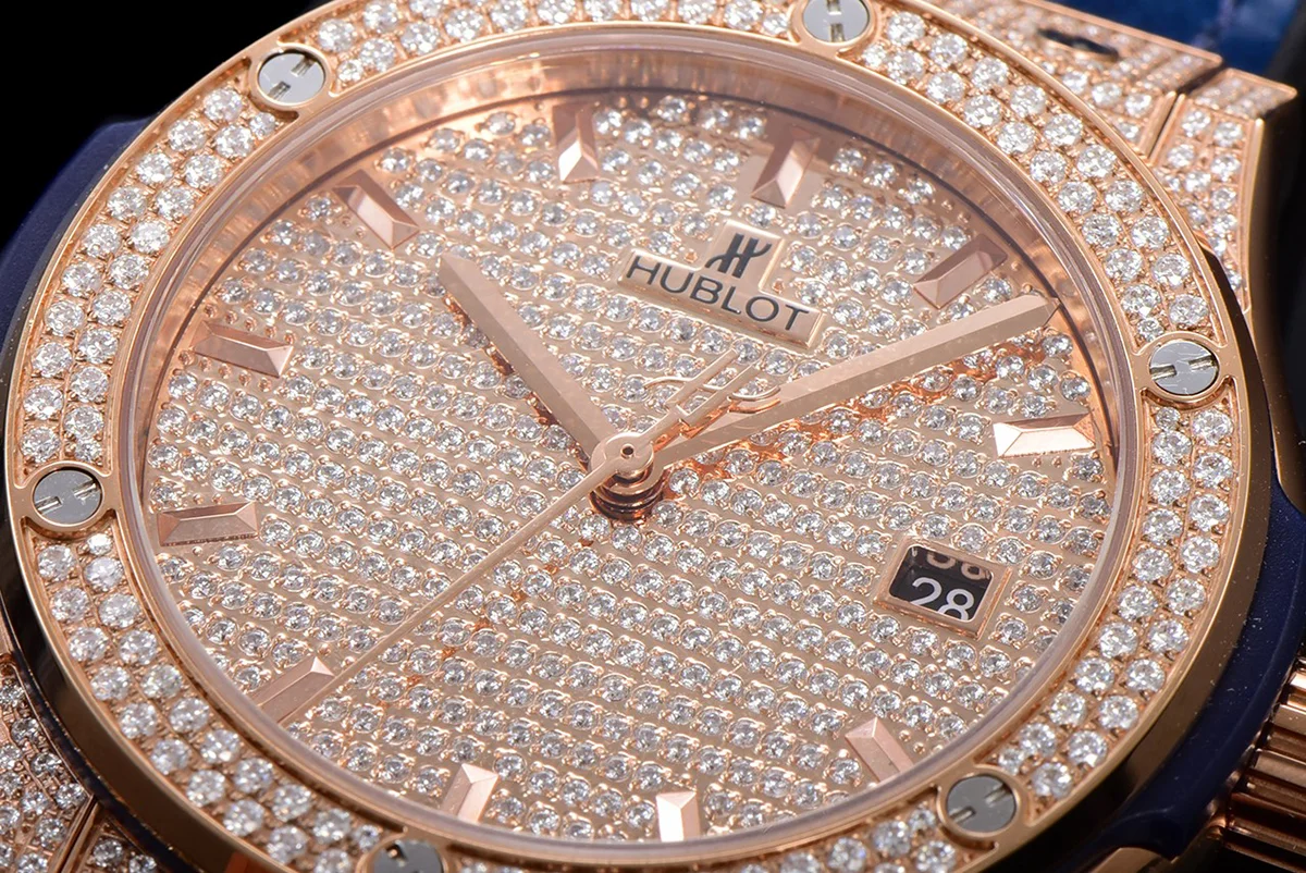 Classic Fusion Automatic 42mm Diamond Paved Dial in Rose Gold on Blue Leather Strap