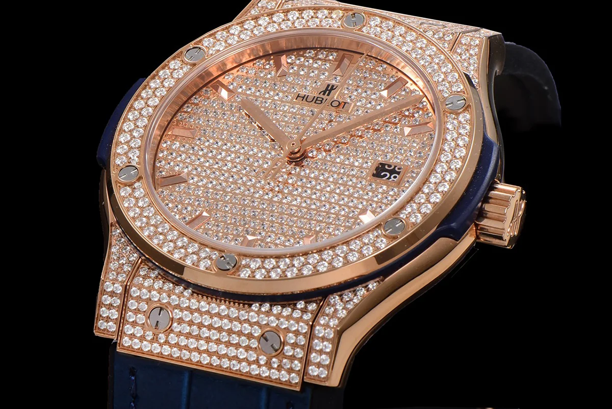 Classic Fusion Automatic 42mm Diamond Paved Dial in Rose Gold on Blue Leather Strap