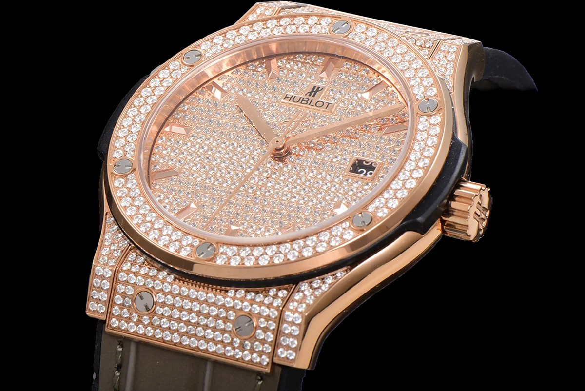 Classic Fusion Automatic 42mm Diamond Paved Dial in Rose Gold on Brown Leather Strap