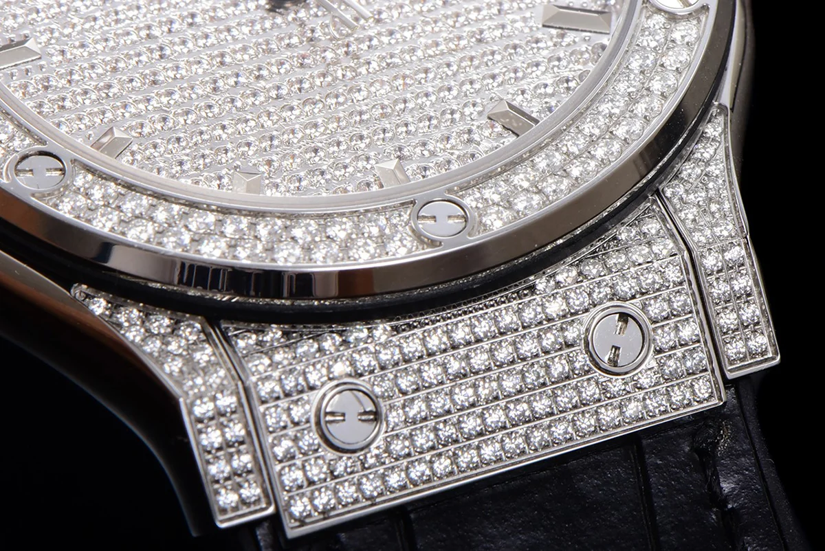 Classic Fusion Automatic 42mm Diamond Paved Dial in Steel on Black Leather Strap