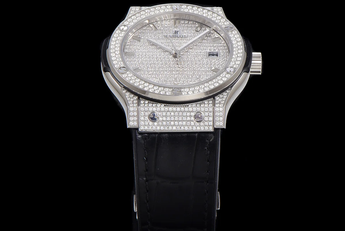 Classic Fusion Automatic 42mm Diamond Paved Dial in Steel on Black Leather Strap