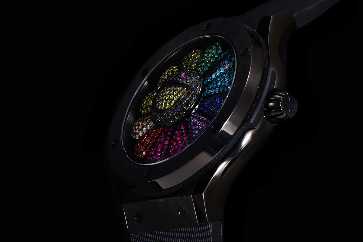 Classic Fusion Takashi Murakami 45mm Sunflower Dial in DLC on Rubber Strap