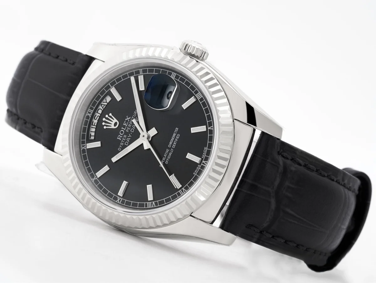 Day-Date 36 Black Dial in White Gold on Leather Strap