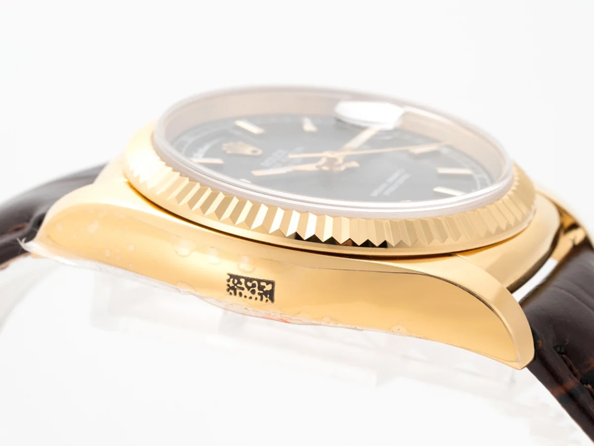 Day-Date 36 Black Dial in Yellow Gold on Leather Strap
