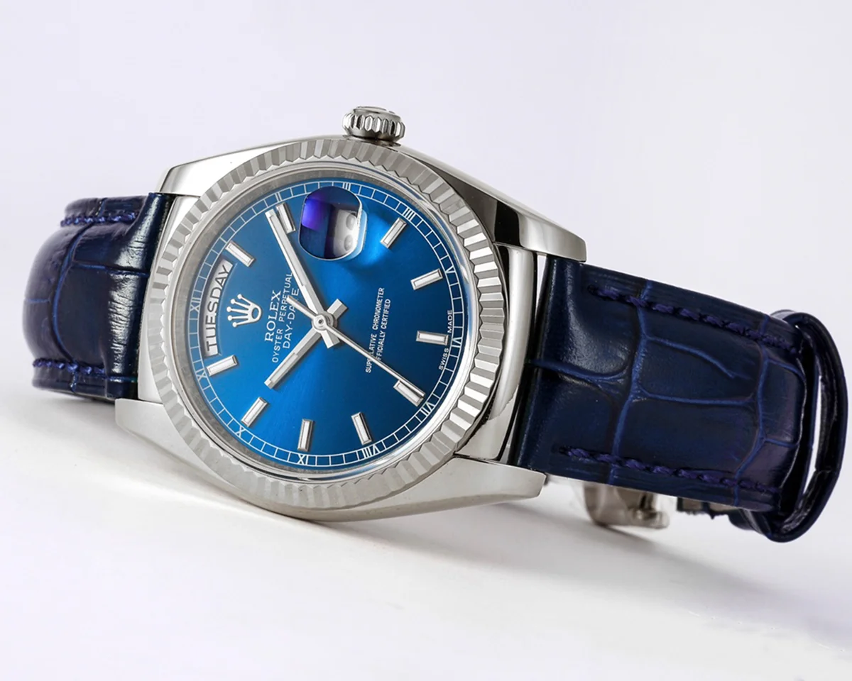 Day-Date 36 Blue Dial in White Gold on Leather Strap