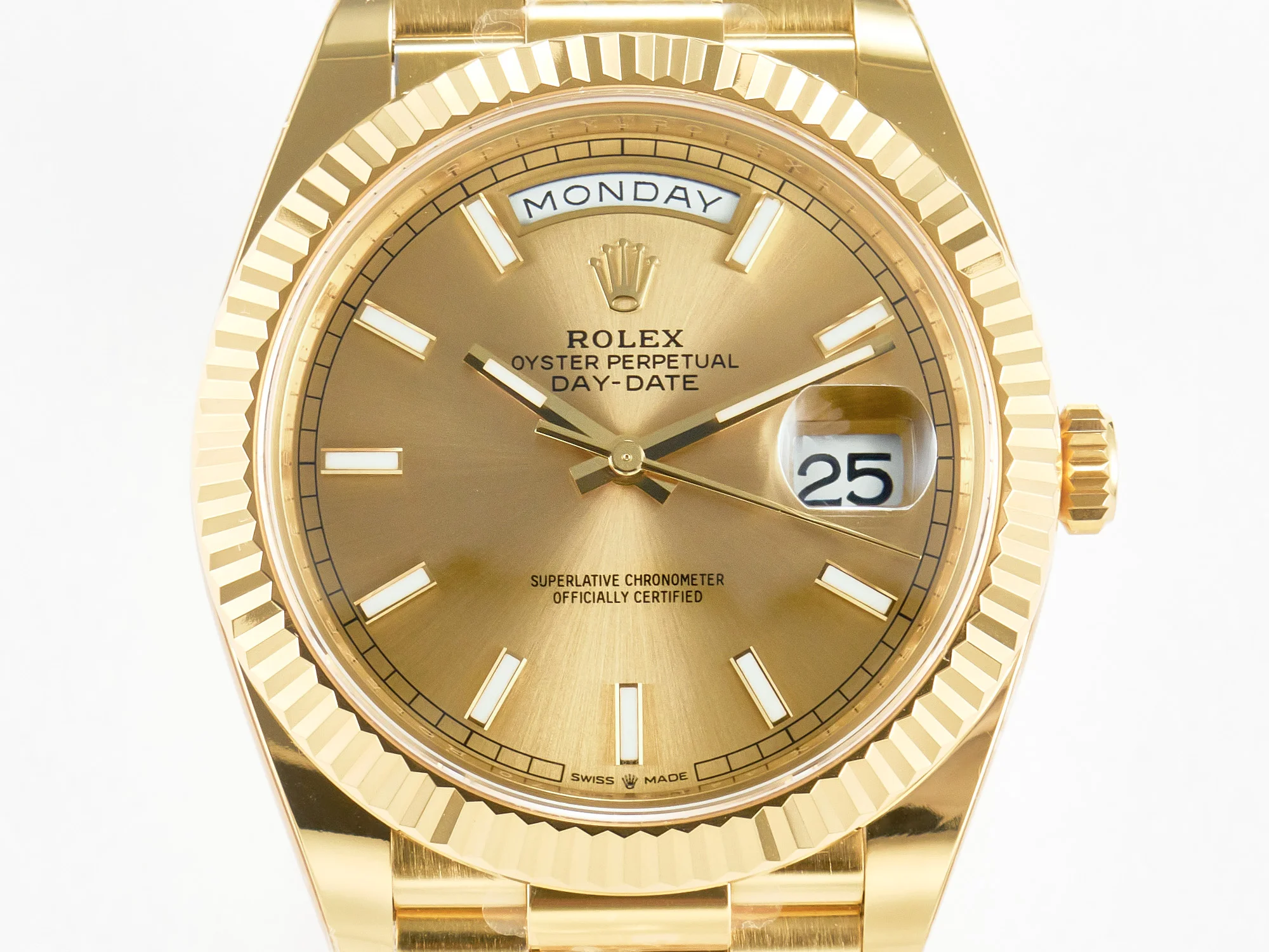 Day Date 40 228238 ARF 904L Steel Gold Stick Dial on President Bracelet VR3255