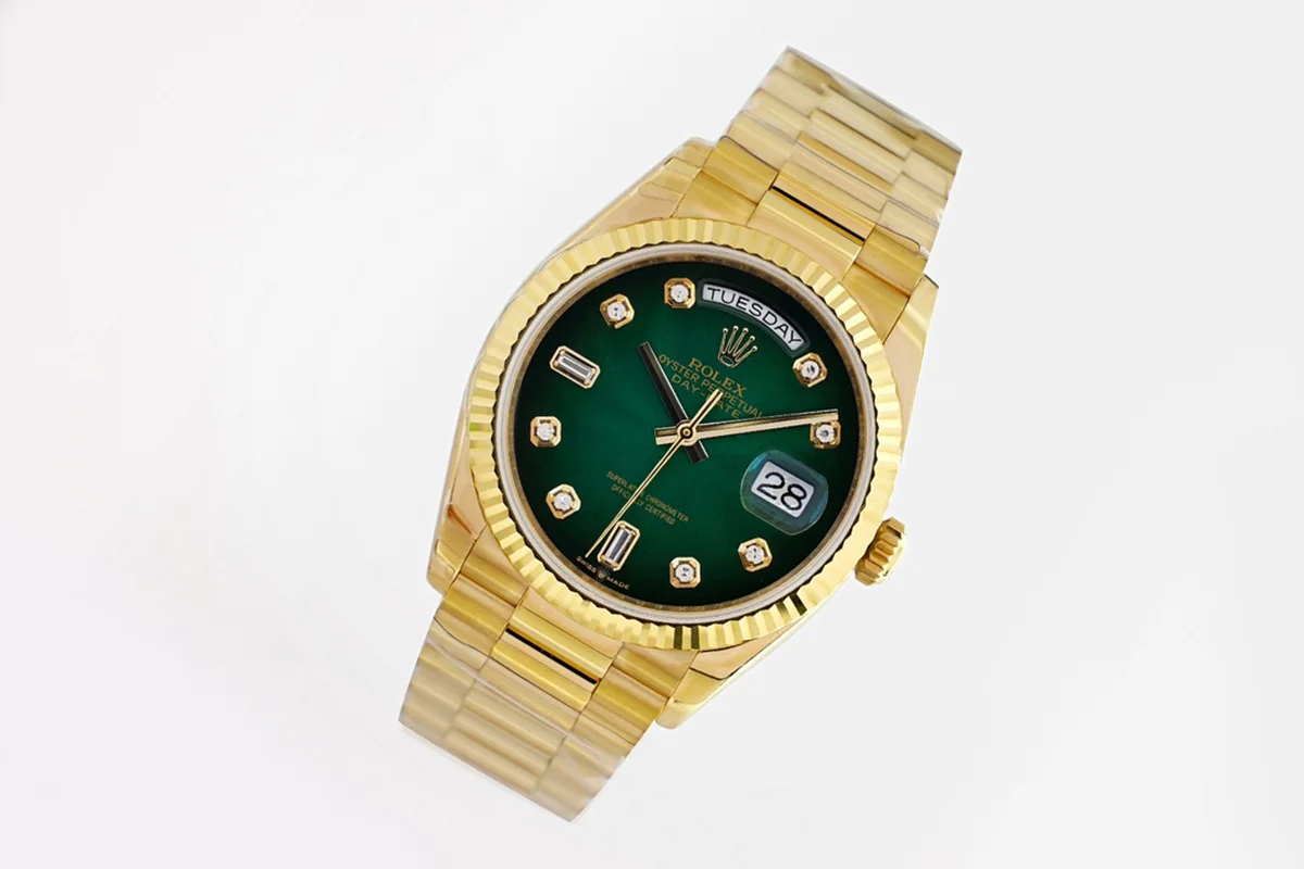 Daydate 36 128238 Green Dial with Diamond Markers in Yellow Gold