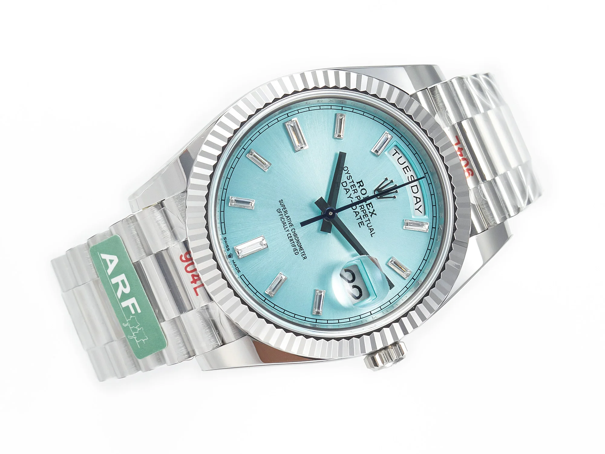 DayDate 40 228236 ARF 904L Steel Tiffany Blue Crystal Diamonds Bezel on President Bracelet VR3255