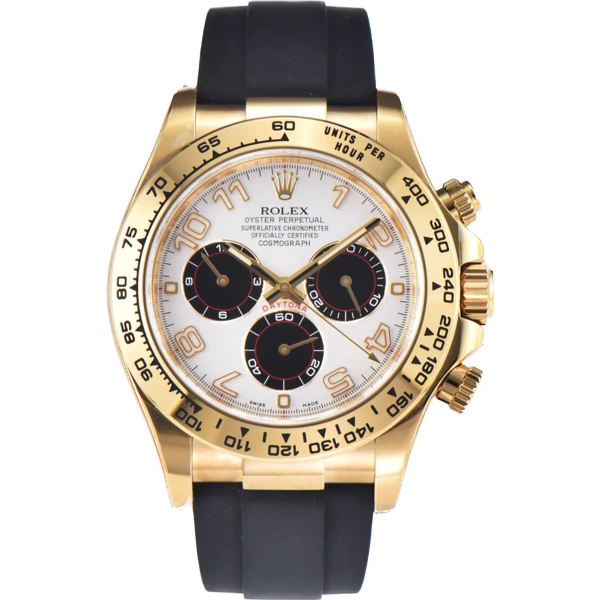 Daytona 116519 White Dial in Yellow Gold on Rubber Strap