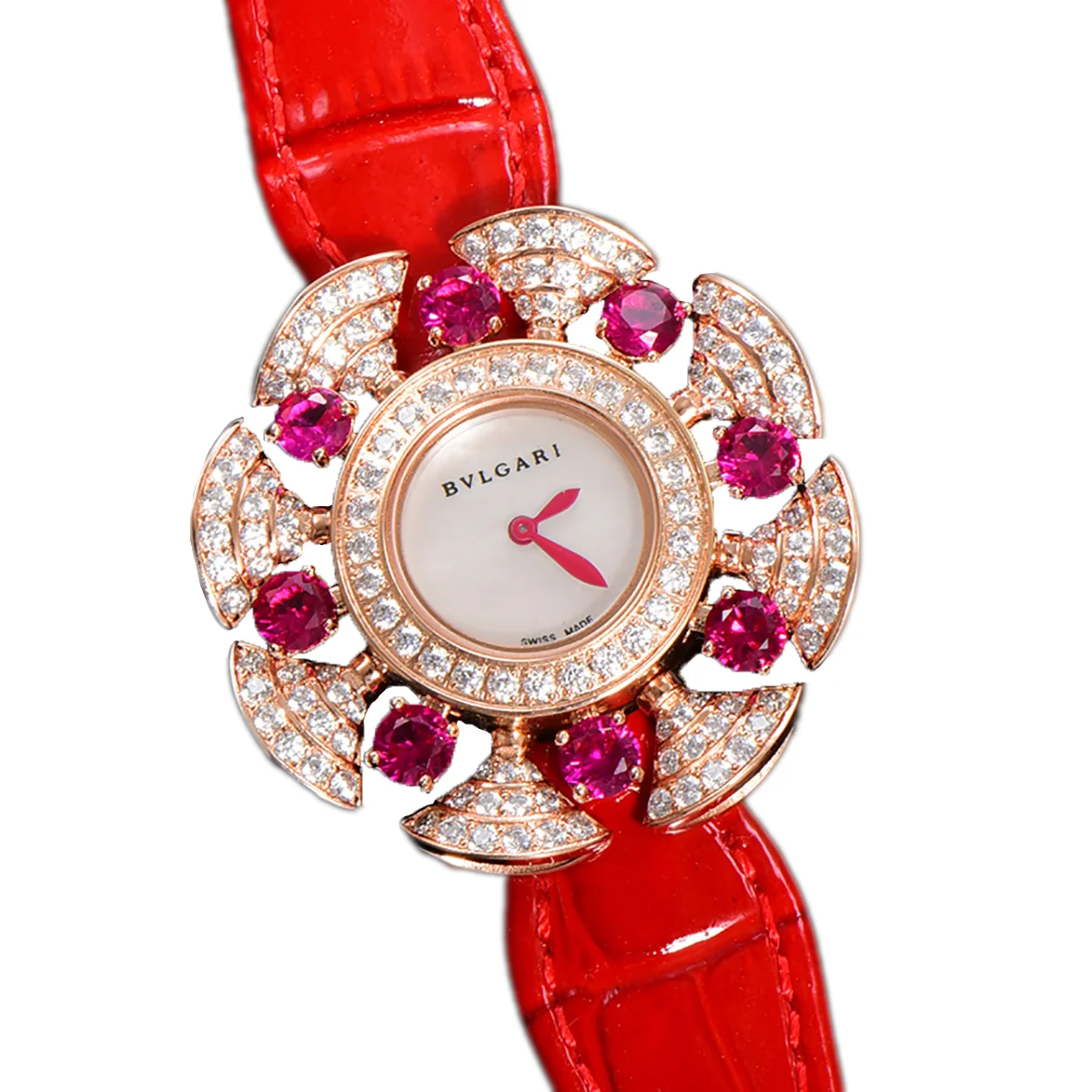 Diva’s Dream Jewellery Watch Diamond Paved Dial in Rose Gold on Green Leather Strap