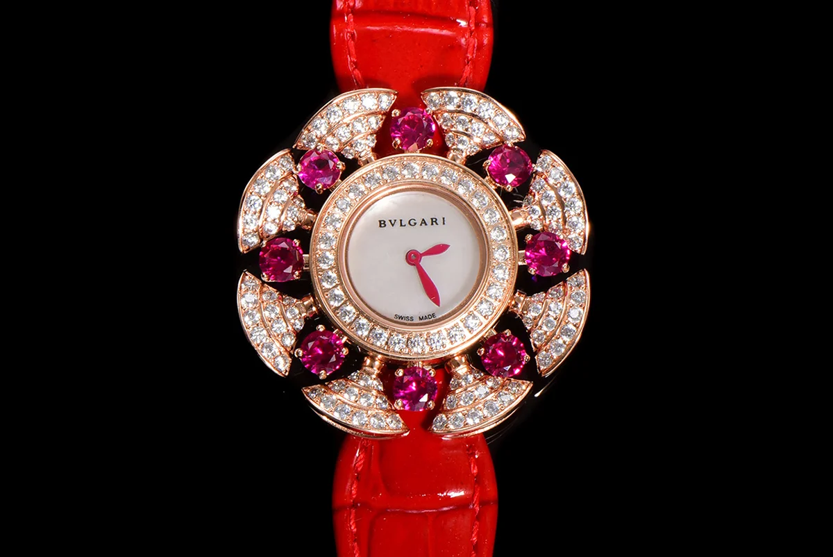 Diva’s Dream Jewellery Watch Diamond Paved Dial in Rose Gold on Green Leather Strap