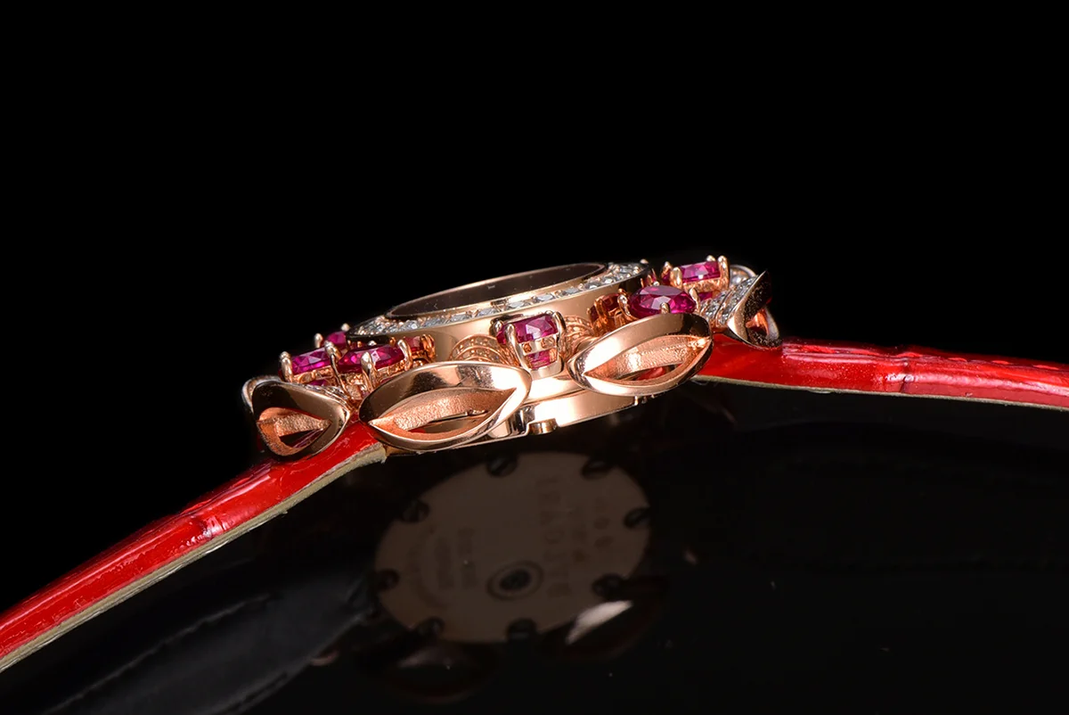 Diva’s Dream Jewellery Watch Diamond Paved Dial in Rose Gold on Green Leather Strap