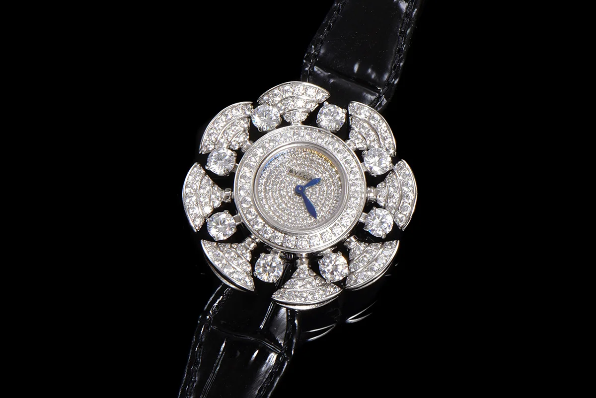 Diva’s Dream Jewellery Watch Diamond Paved Dial in White Dial on Black Leather Strap