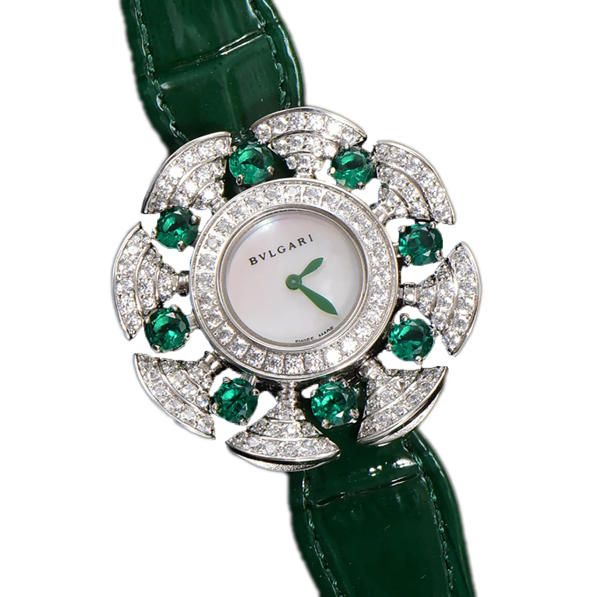 Diva’s Dream Jewellery Watch Diamond Paved Dial in White Gold on Green Leather Strap
