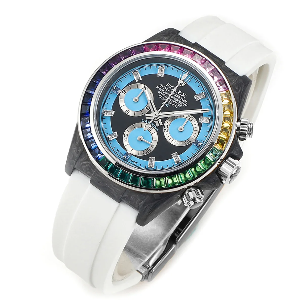 DIW Daytona Rainbow Blue Carbon in White Rubber Strap