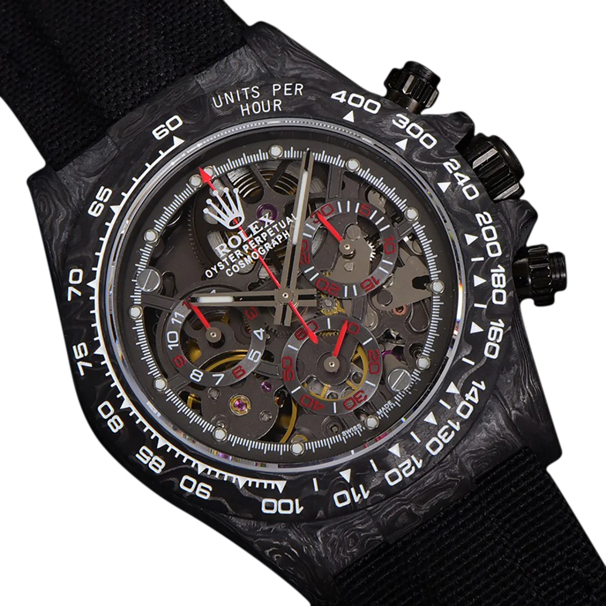 DIW Daytona Skeleton Dial in Carbon with Red Hands on Black Nylon Strap