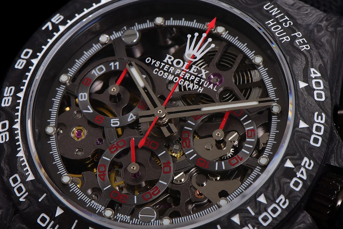 DIW Daytona Skeleton Dial in Carbon with Red Hands on Black Nylon Strap