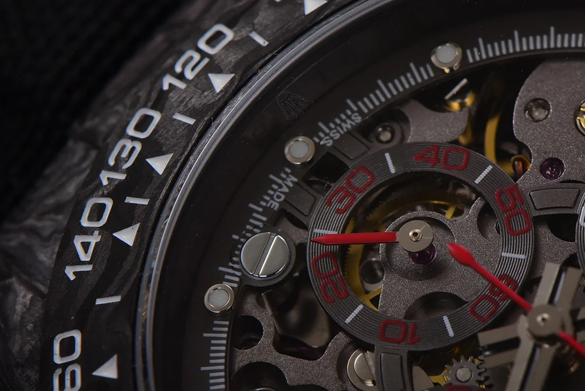 DIW Daytona Skeleton Dial in Carbon with Red Hands on Black Nylon Strap