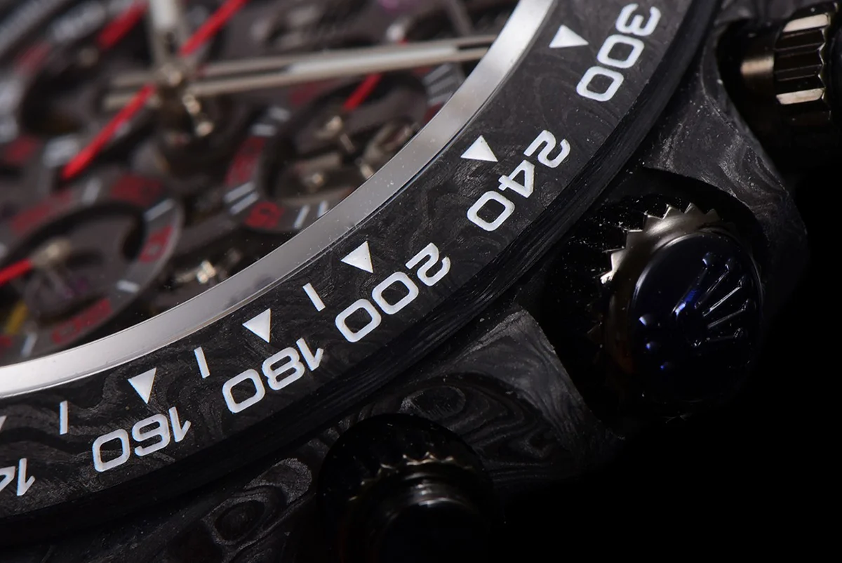 DIW Daytona Skeleton Dial in Carbon with Red Hands on Black Nylon Strap