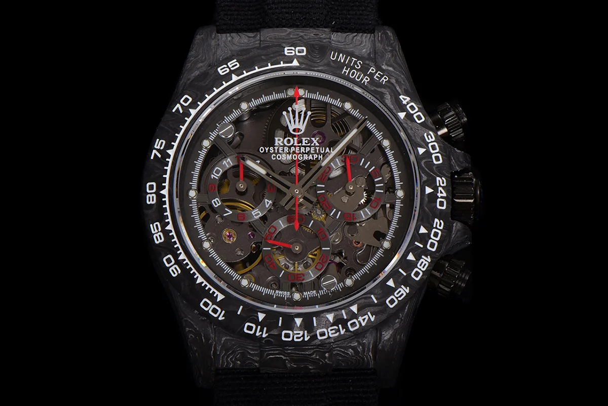 DIW Daytona Skeleton Dial in Carbon with Red Hands on Black Nylon Strap