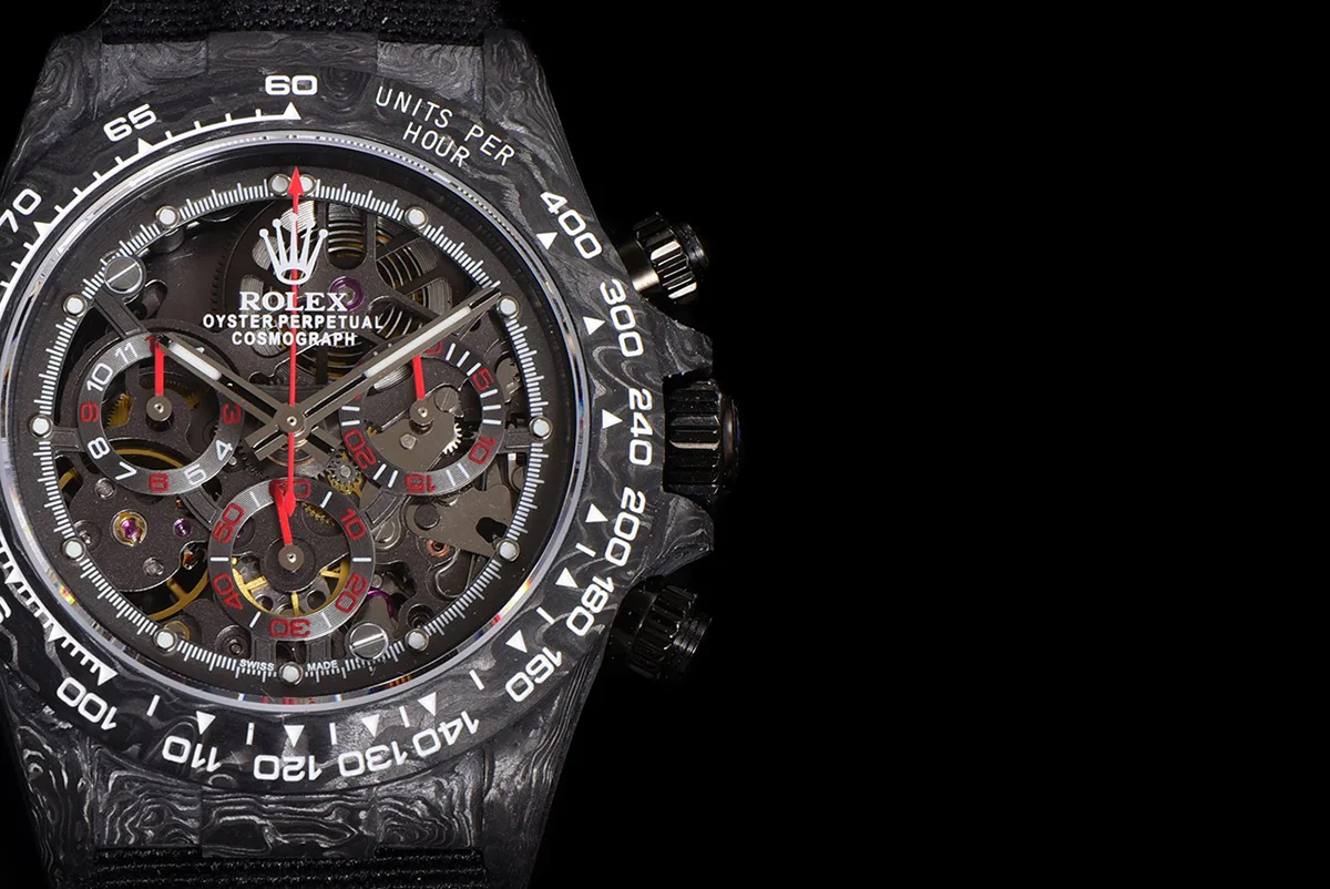 DIW Daytona Skeleton Dial in Carbon with Red Hands on Black Nylon Strap