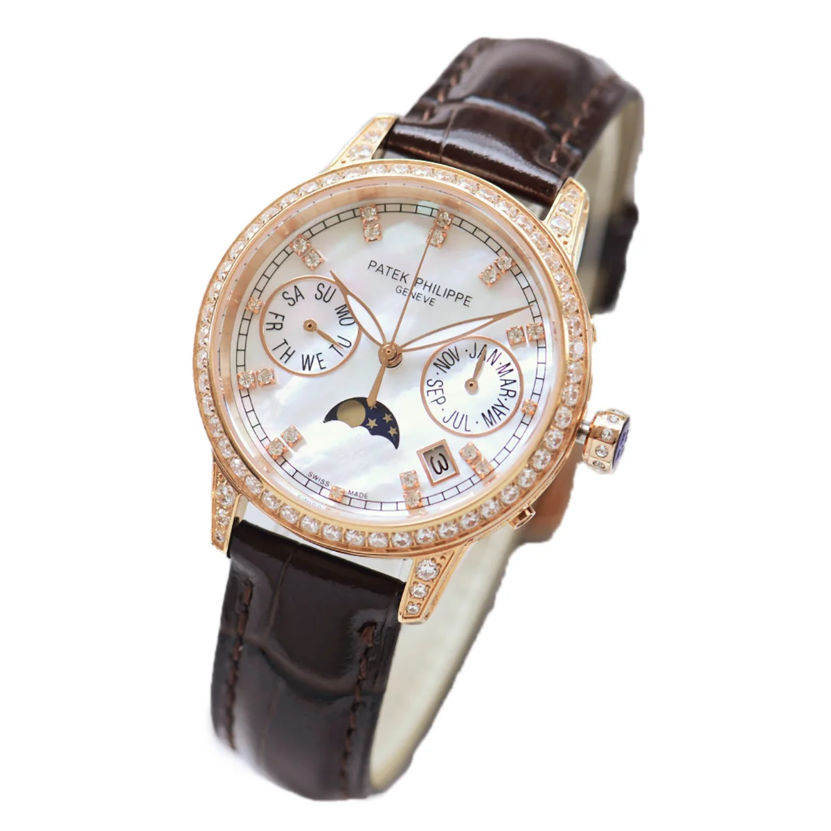 Grand Complications Ladies First Perpetual Calendar with Diamond Bezel in Rose Gold on Leather Strap